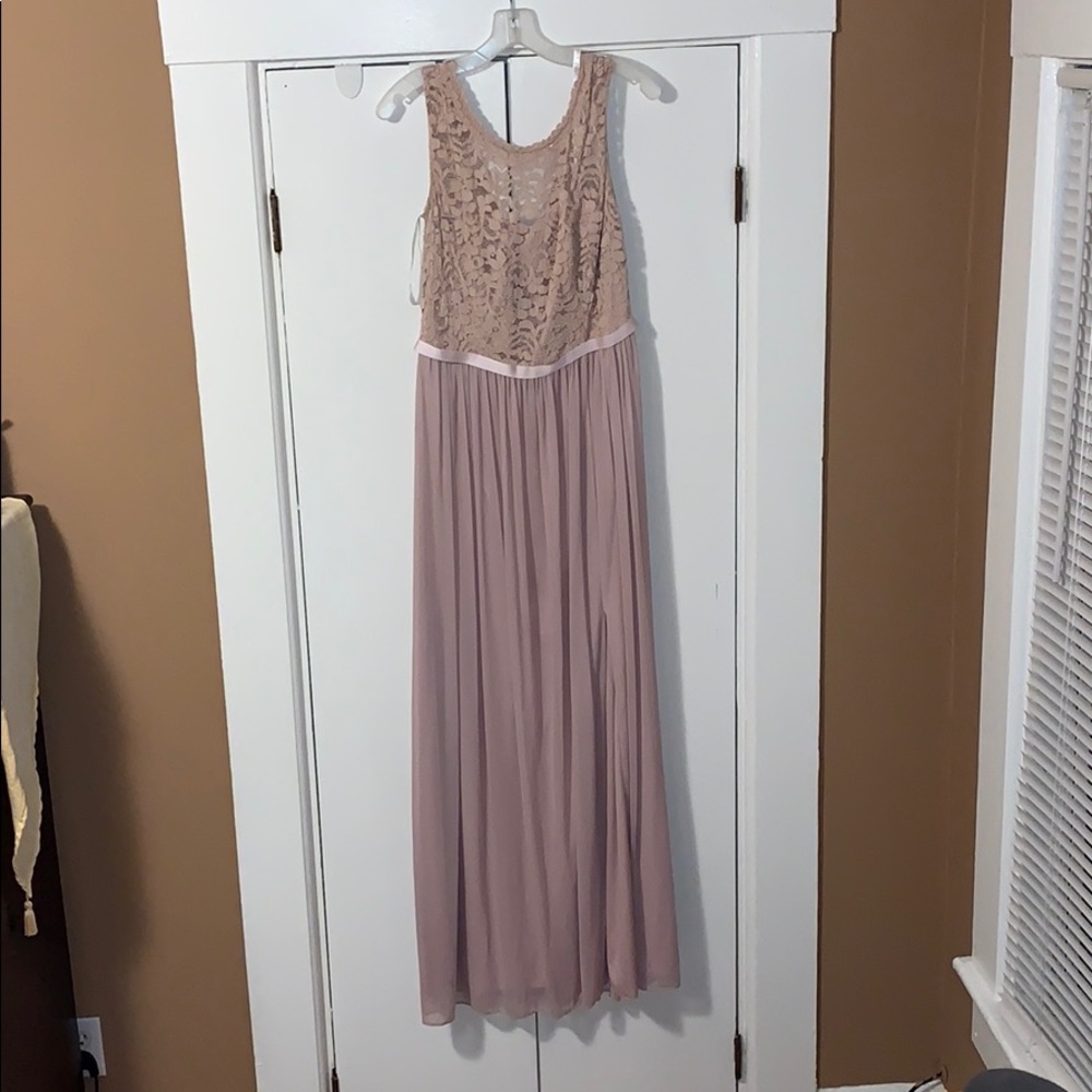 David's Bridal lace bodice bridesmaid dress.